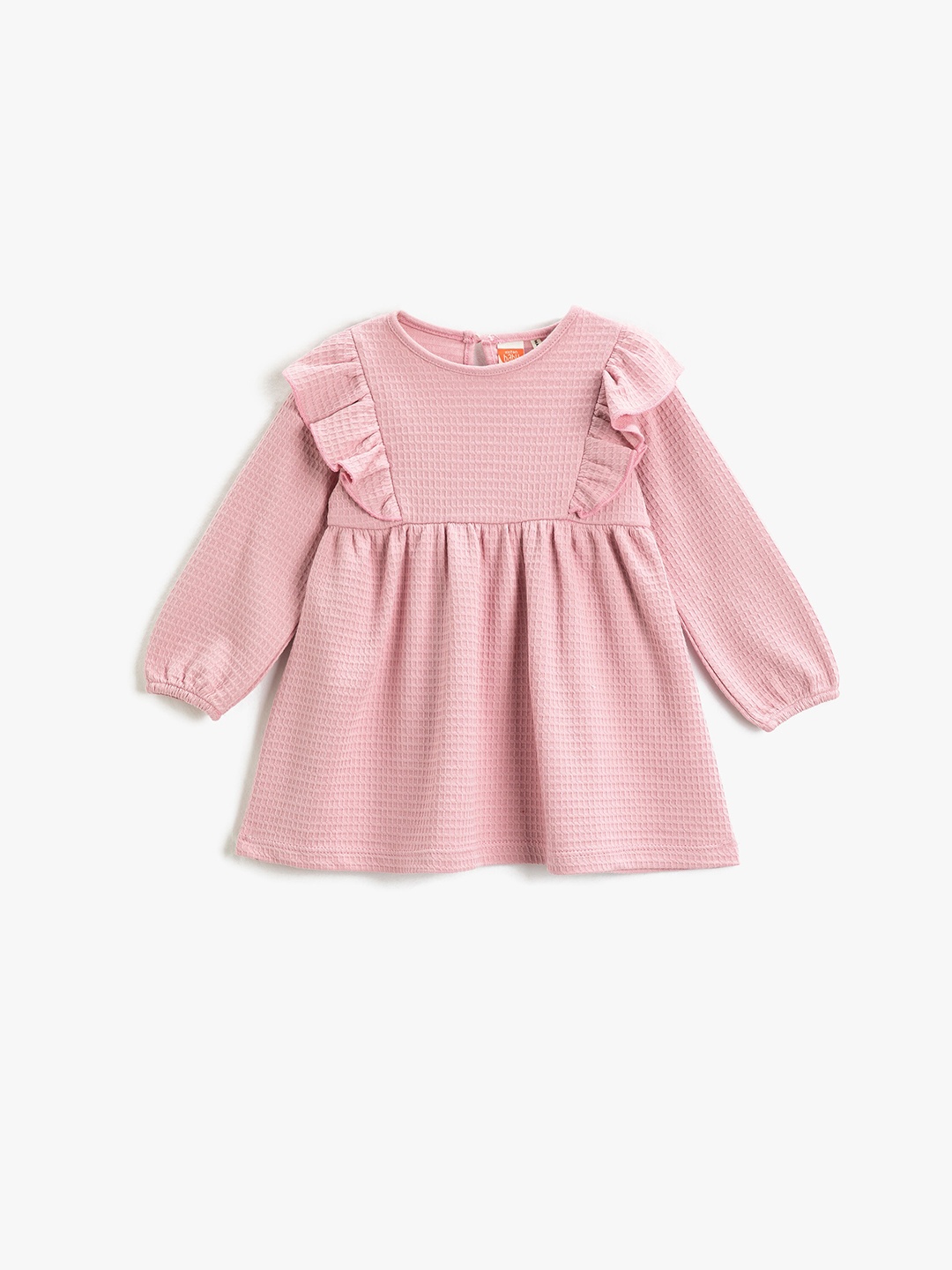 

Koton Girls Geometric Self Designed Puff Sleeves Ruffles Pure Cotton A-Line Dress, Pink