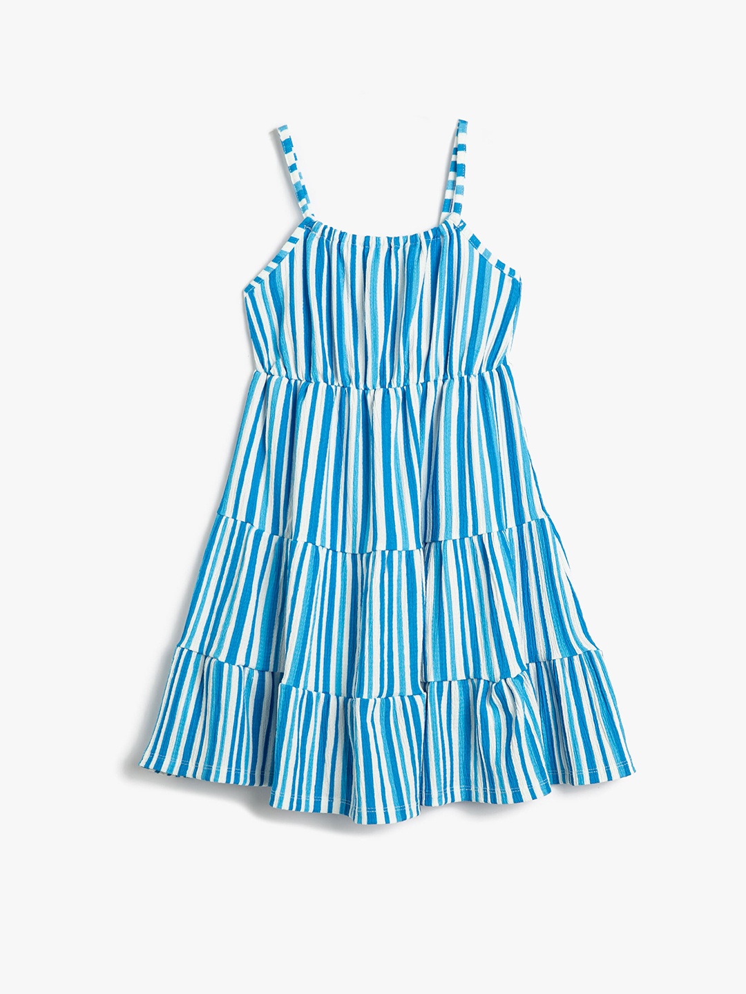 

Koton Girls Striped Printed Tiered Shoulder Strap A-Line Dress, Blue