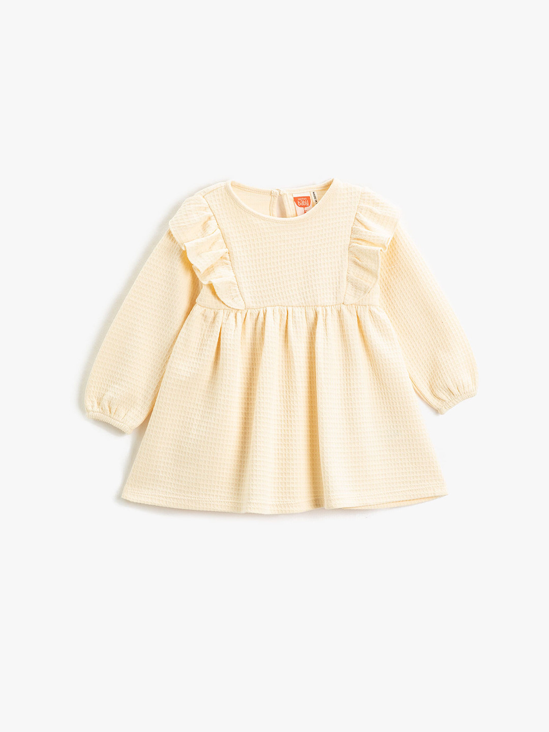 

Koton Girls Self Design Puff Sleeves Ruffled Pure Cotton A-Line Dress, Beige