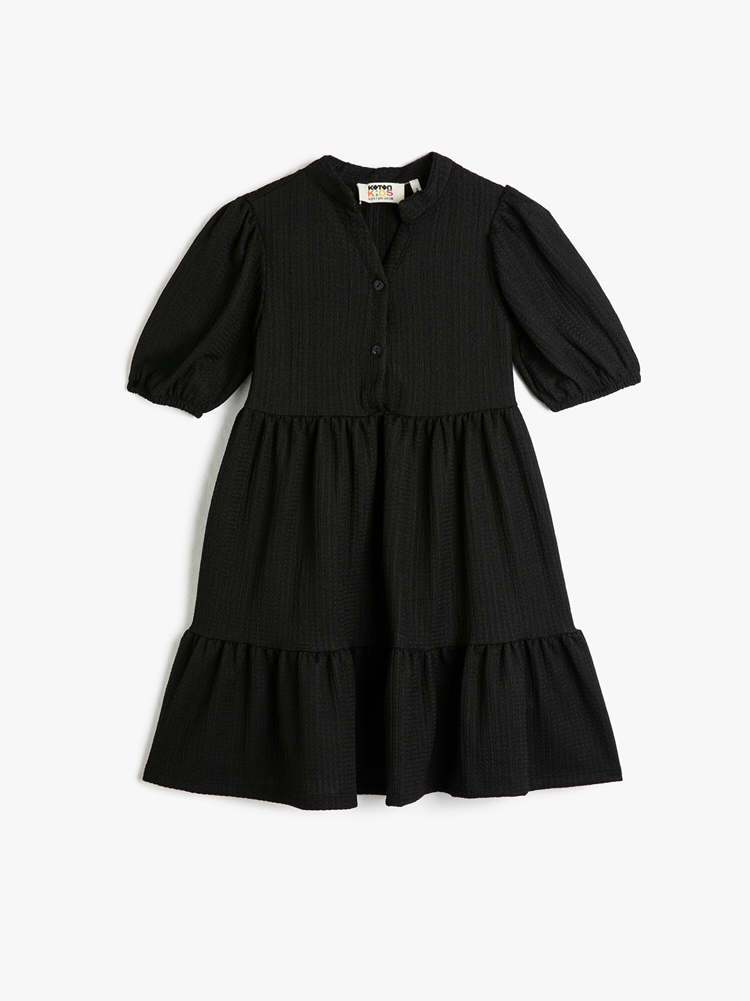 

Koton Girls Self Design Band Collar Puff Sleeves Gathered A-Line Dress, Black
