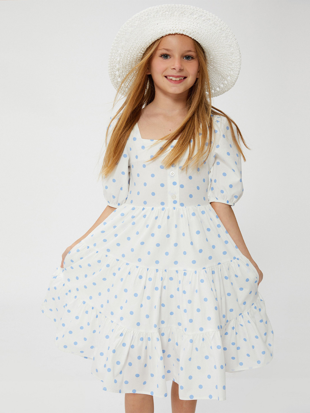 

Koton Girls Polka Dots Printed Square Neck Puff Sleeves Pure Cotton Fit & Flare Dress, White