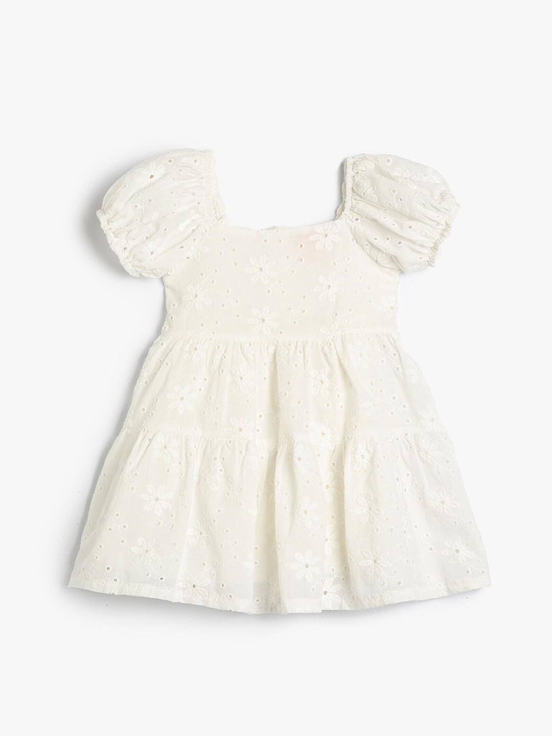 

Koton Girls Self Design Schiffli Tiered Cotton Maxi Dress, Beige