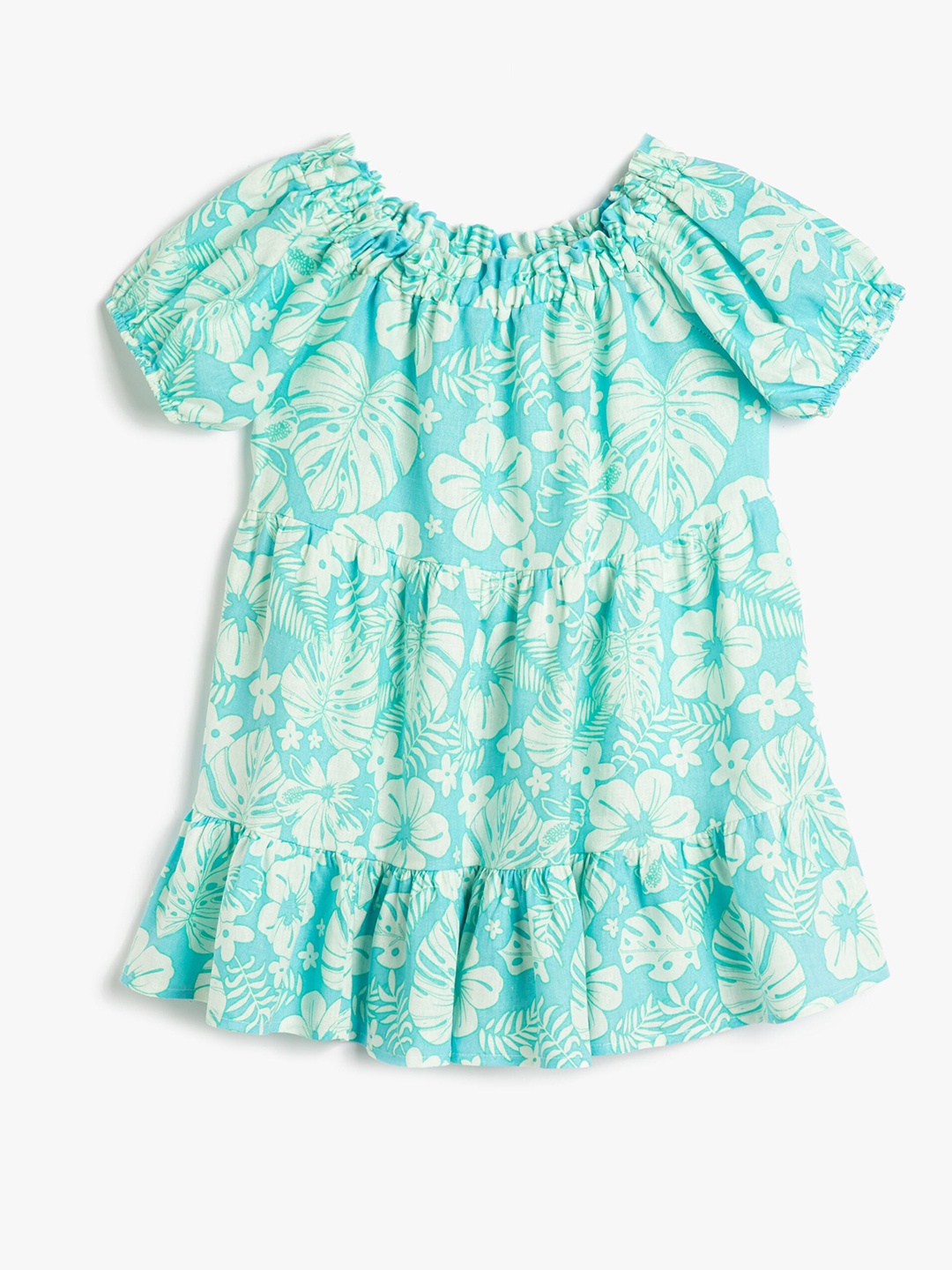 

Koton Girls Tropical Printed Puff Sleeves Gathered A-Line Dress, Turquoise blue