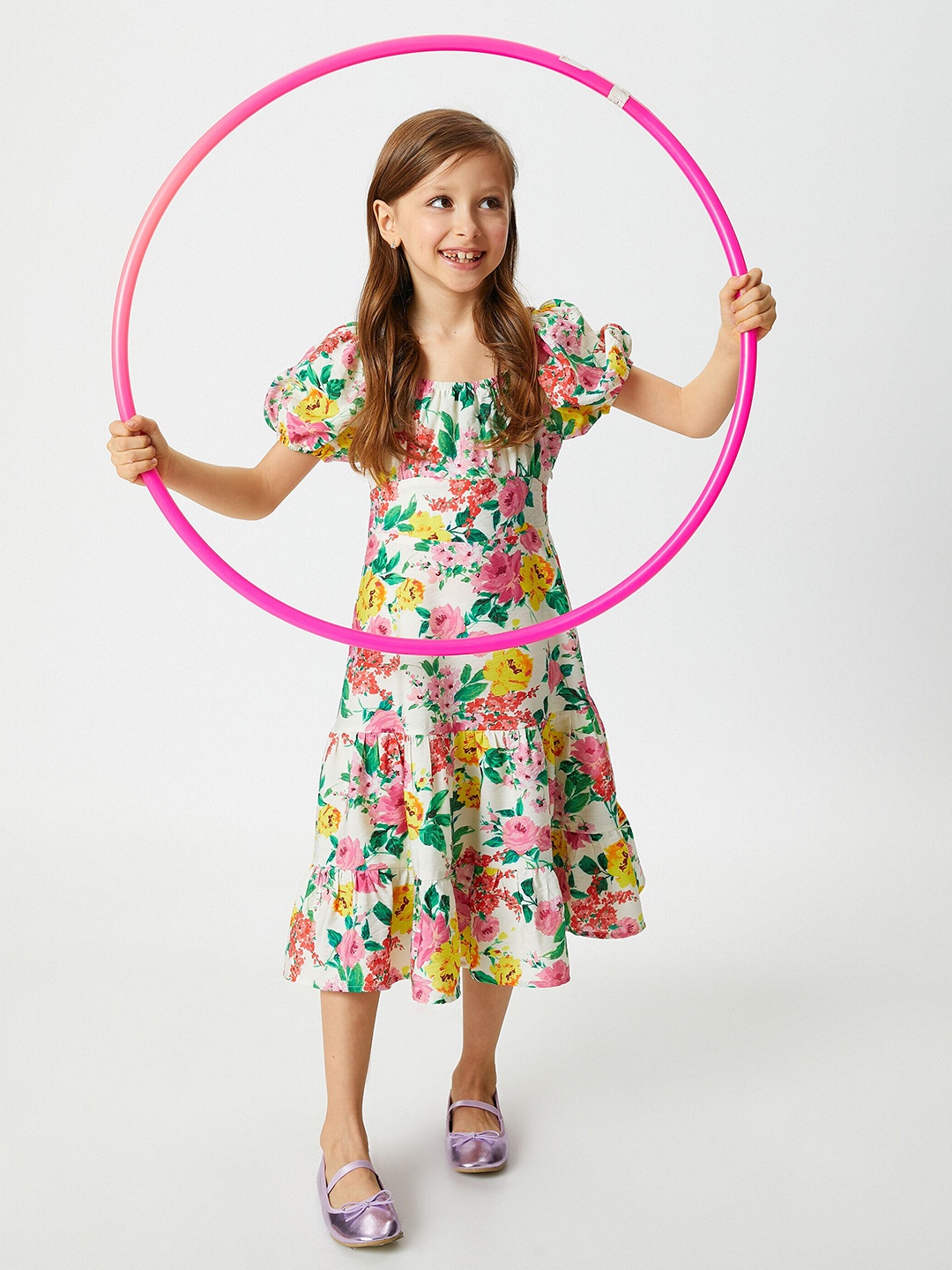 

Koton Girls Floral Printed Puff Sleeve Tiered Midi A-Line Dress, White