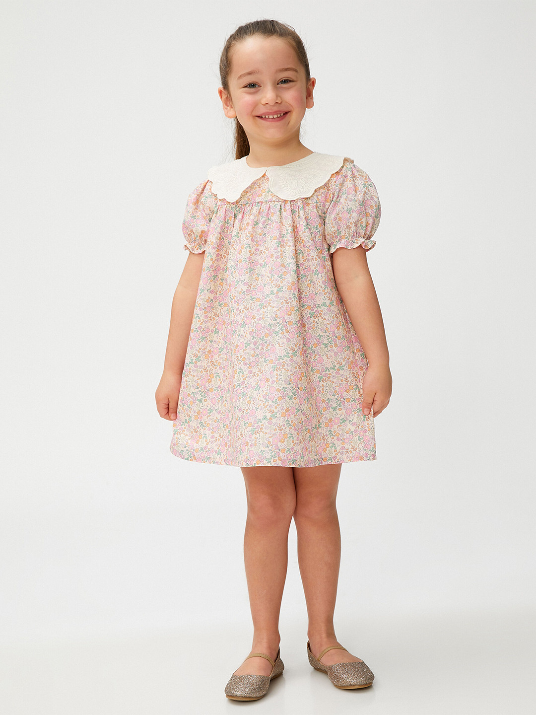 

Koton Girls Floral Print Peter Pan Collar Puff Sleeve A-Line Dress, Pink
