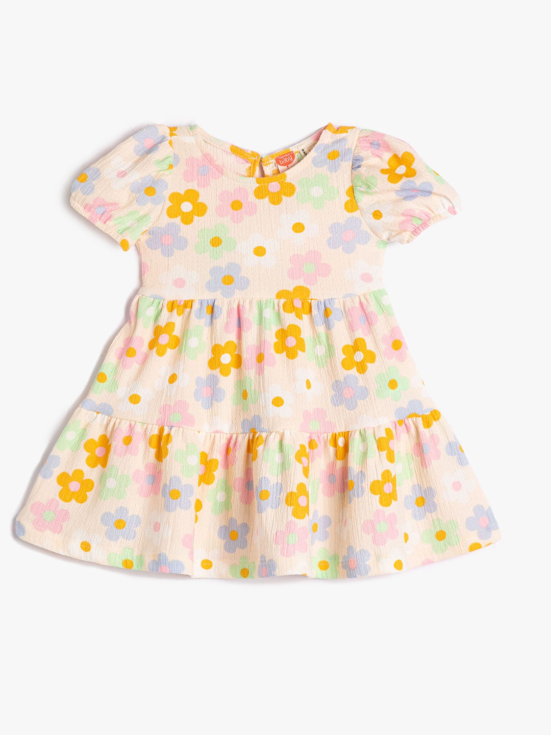 

Koton Girls Floral Printed Puff Sleeves Gathered Fit & Flare Dress, Beige