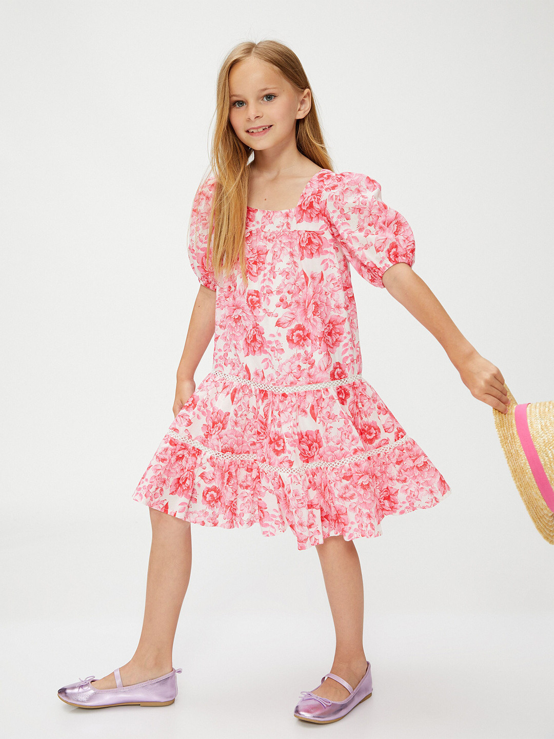 

Koton Girls Floral Printed Tiered Square Neck Puff Sleeve Cotton A-Line Dress, Pink