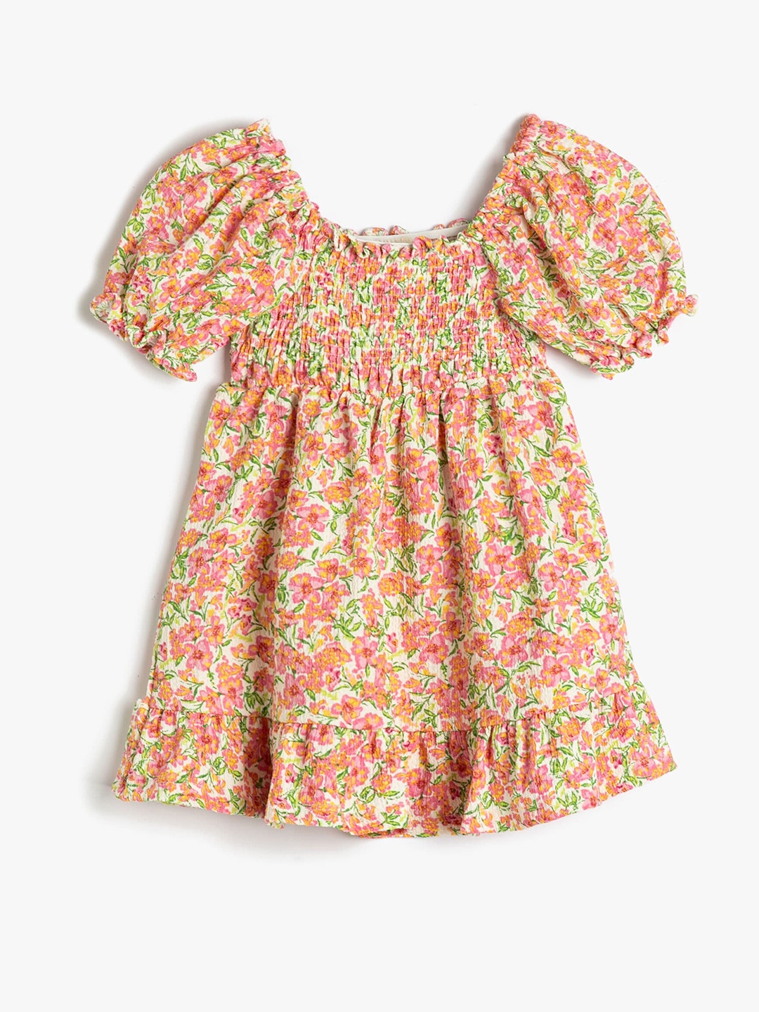 

Koton Girls Floral Printed Smocked Pure Cotton Fit & Flare Dress, Pink