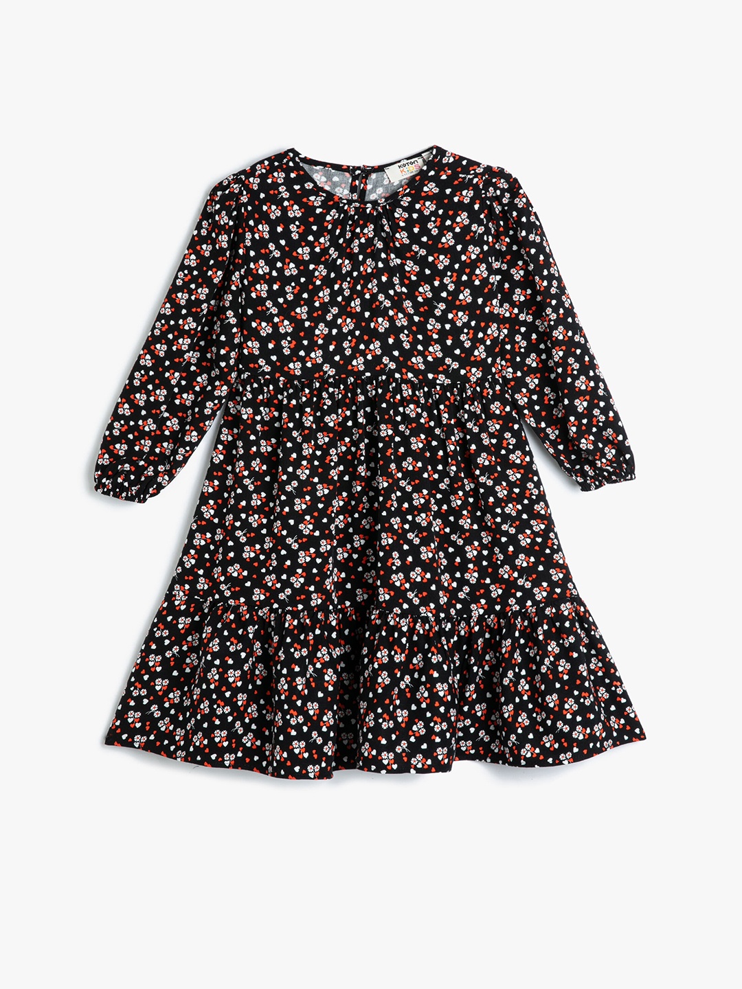 

Koton Girls Floral Printed Puff Sleeves Gathered A-Line Dress, Black