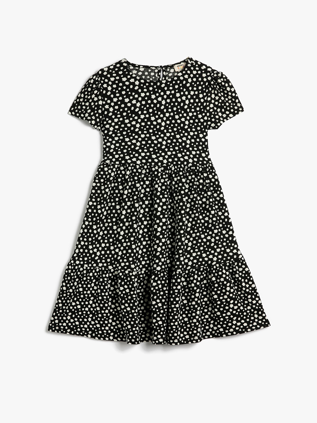 

Koton Girls Floral Printed Round Neck Gathered Detailed Fit & Flare Dress, Black