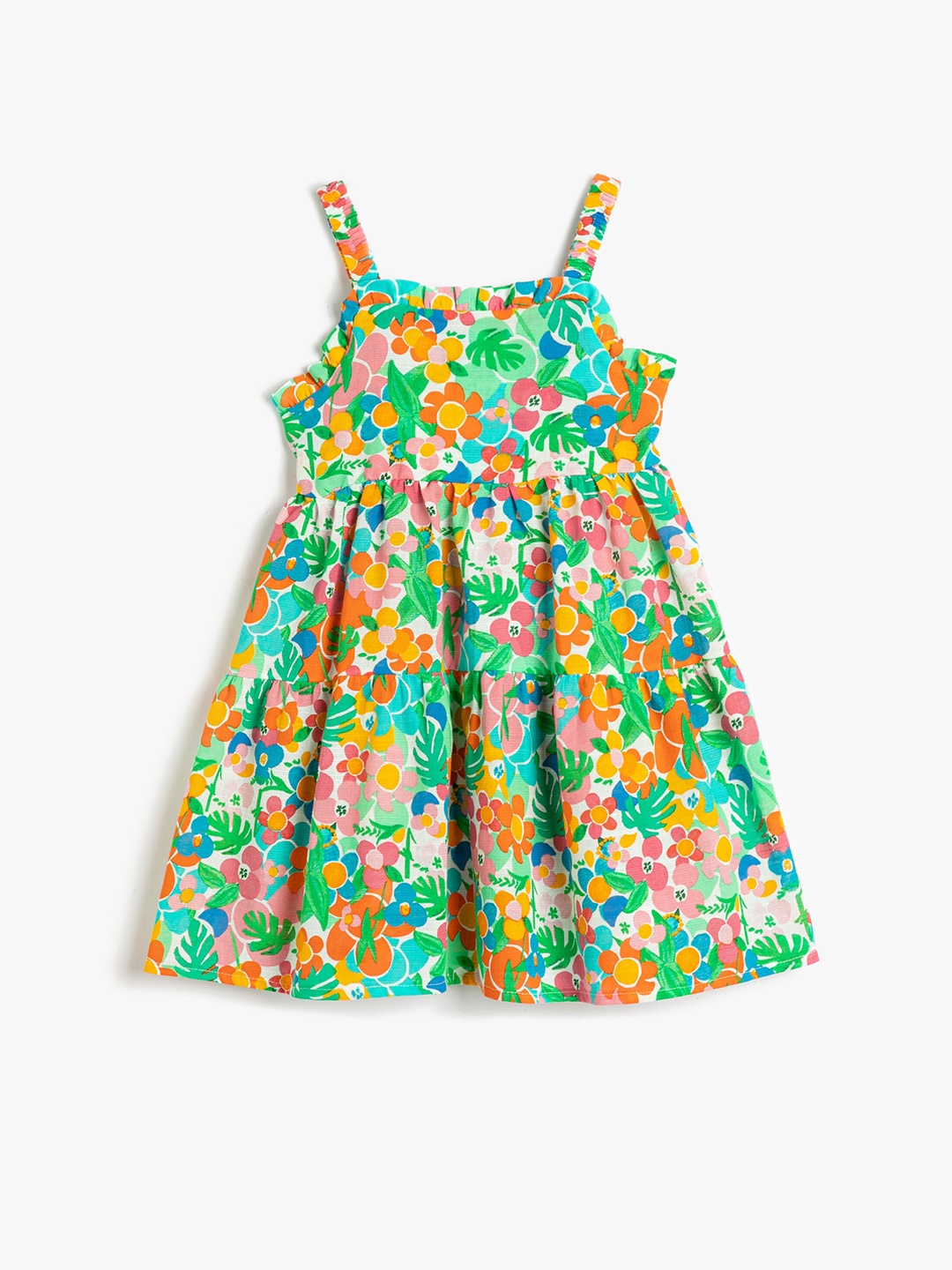 

Koton Girls Floral Printed Shoulder Straps Gathered Detailed Pure Cotton Fit & Flare Dress, White