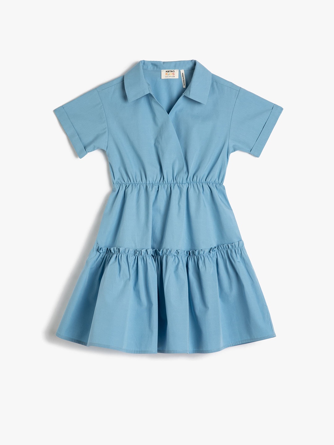 

Koton Girls Shirt Collar Gathered Detailed Pure Cotton Fit & Flare Dress, Blue