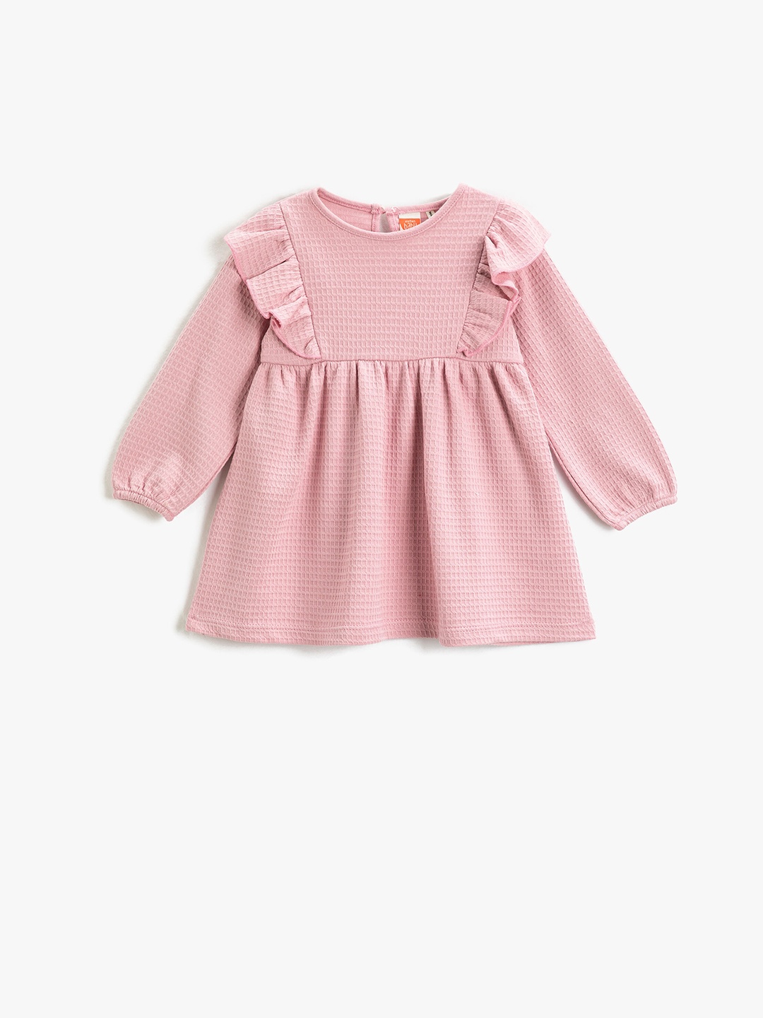 

Koton Girls Geometric Self Designed Puff Sleeves Ruffles Pure Cotton A-Line Dress, Pink