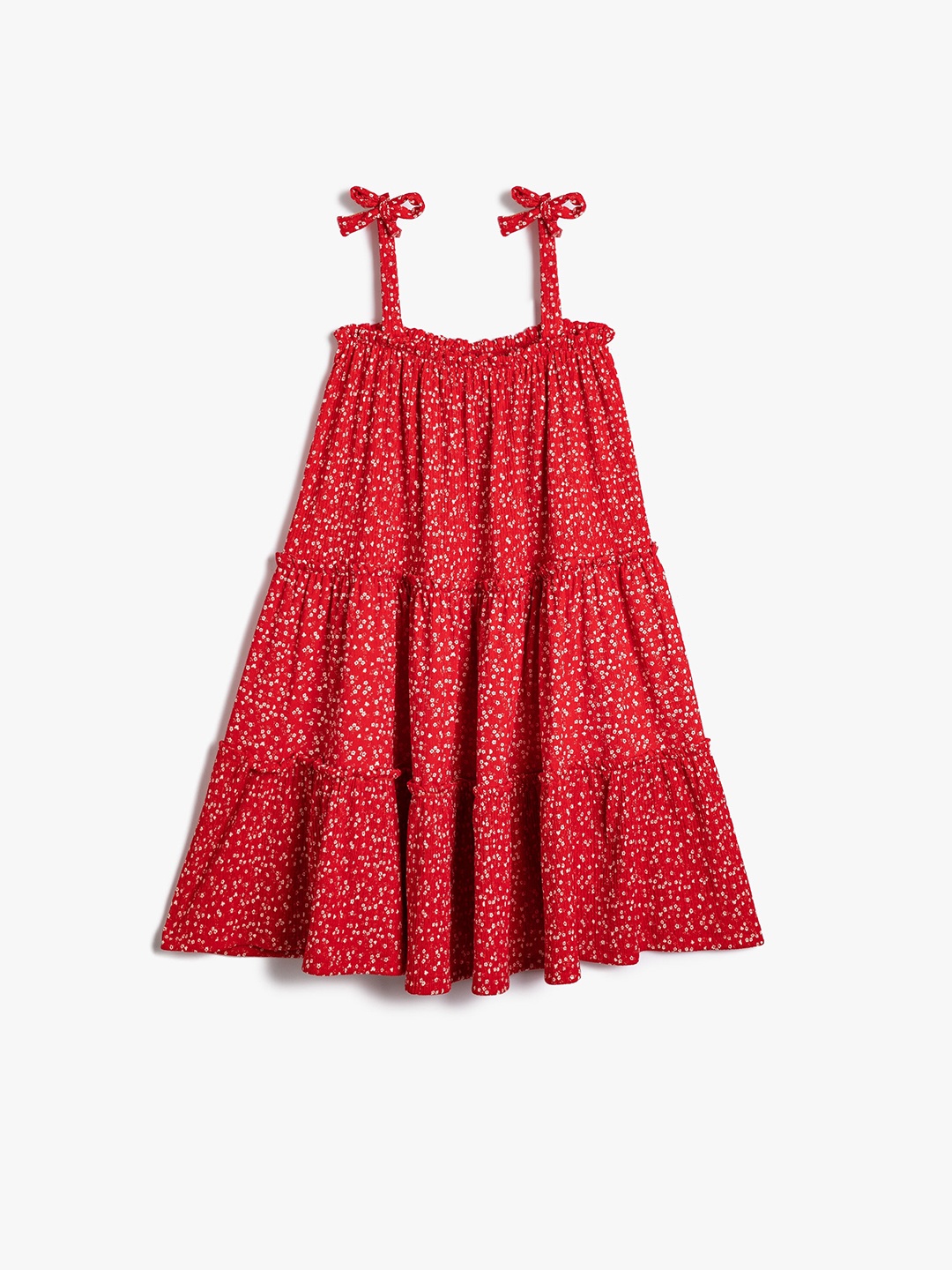 

Koton Girls Floral Printed Shoulder Straps Tie-Ups A-Line Dress, Red