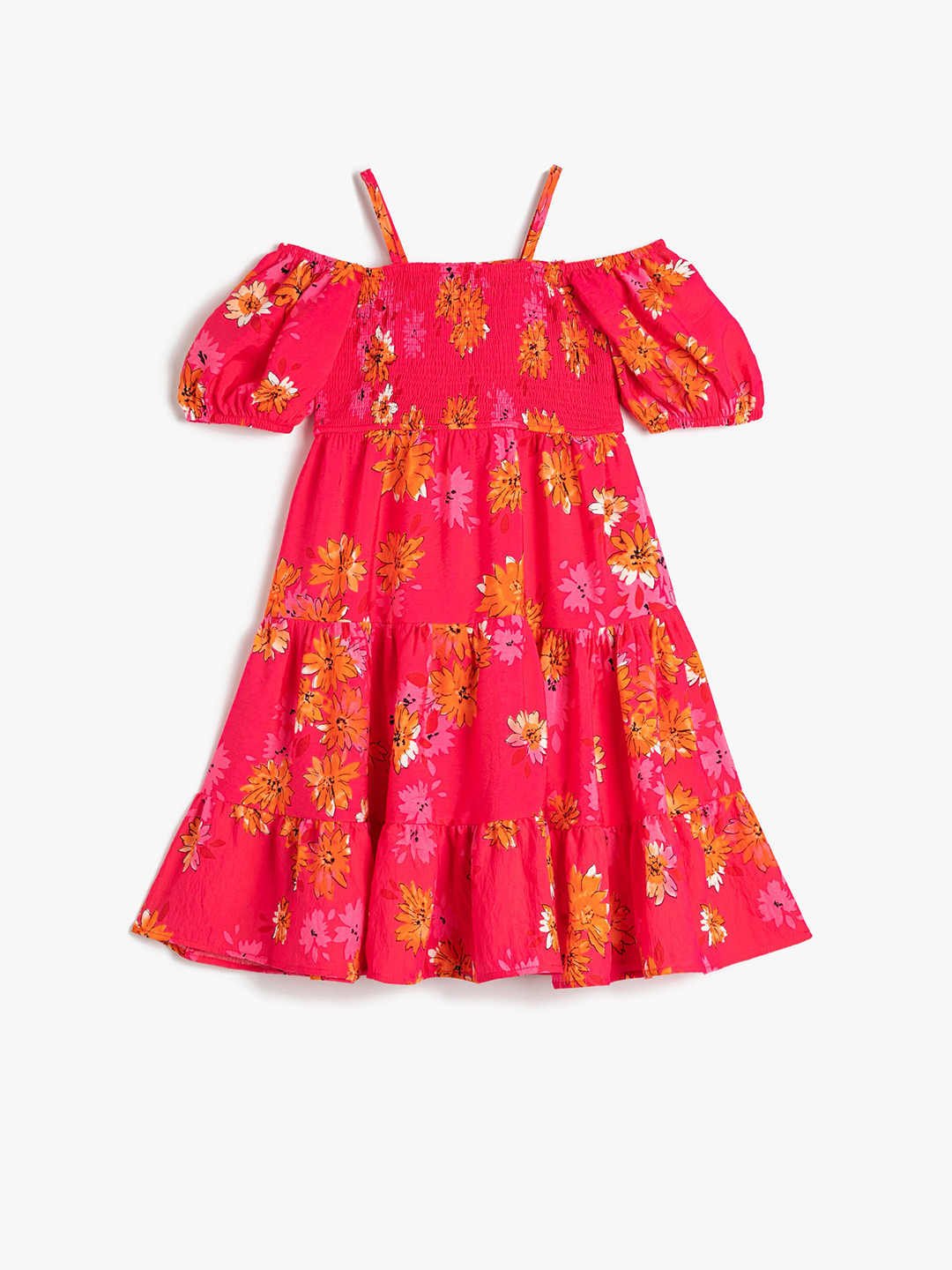 

Koton Girls Floral Printed Shoulder Straps Cold-Shoulder Fit & Flare Dress, Pink
