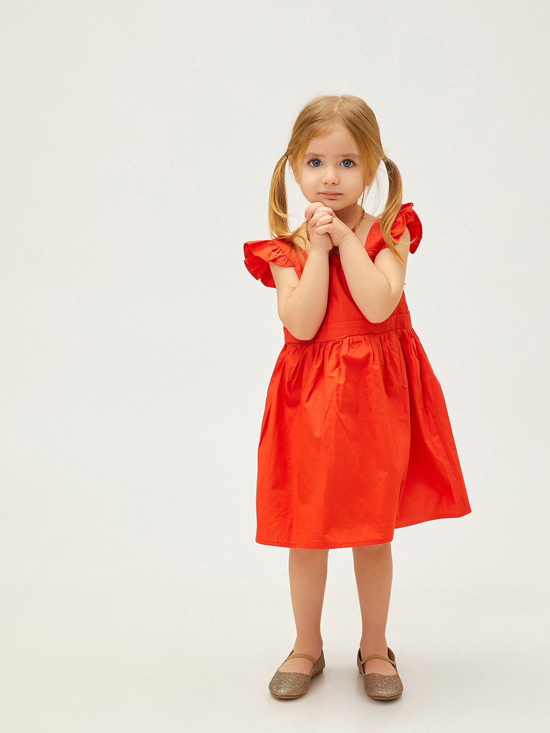 

Koton Girls Flutter Sleeves Cotton Fit & Flare Dress, Red