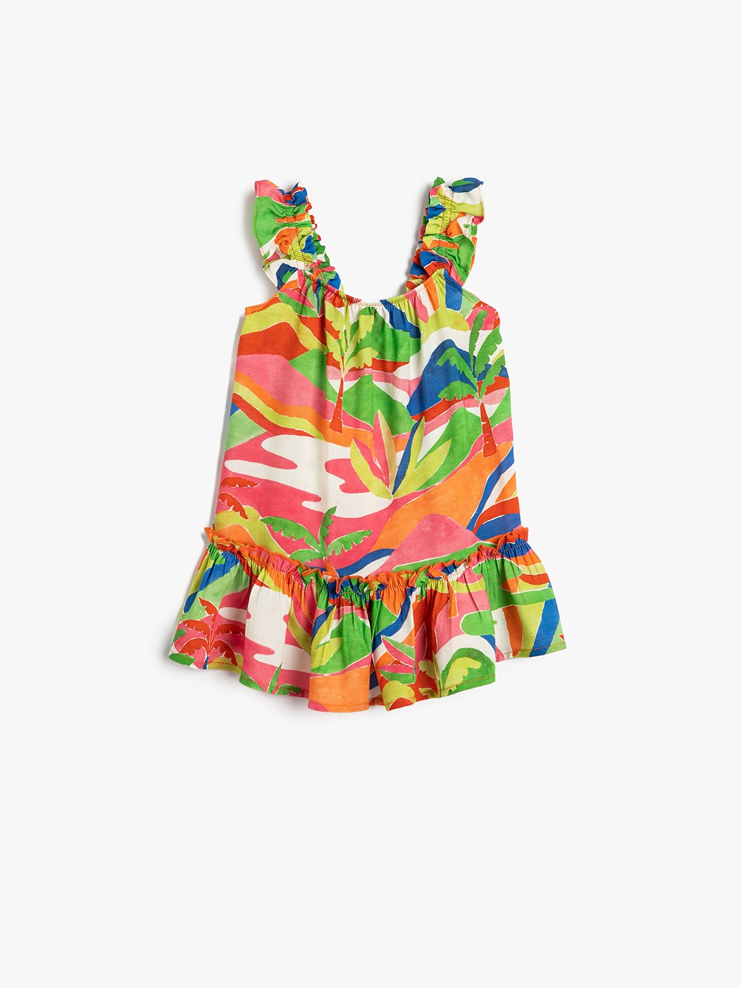 

Koton Girls Abstract Printed Shoulder Strap Sleeveless Gathered A-Line Dress, Green