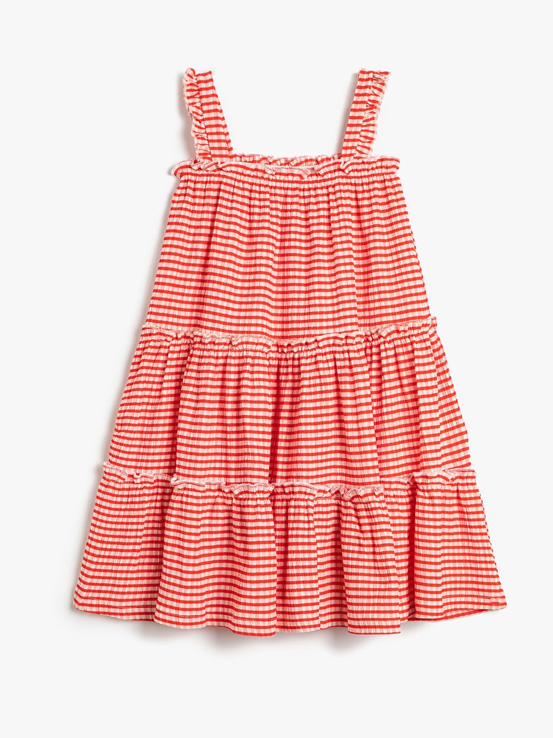 

Koton Striped Shoulder Straps Tiered Ruffles Detail A-Line Dress, Red