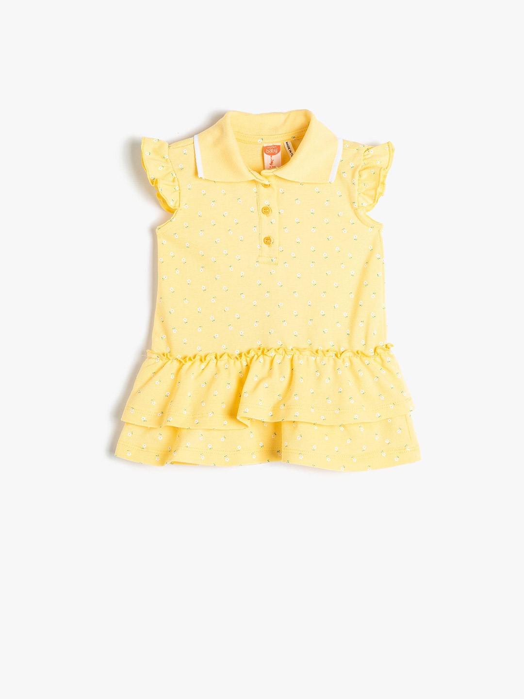

Koton Girls floral Printed Flutter Sleeve Ruffled Pure Cotton Drop-Waist Dress, Yellow