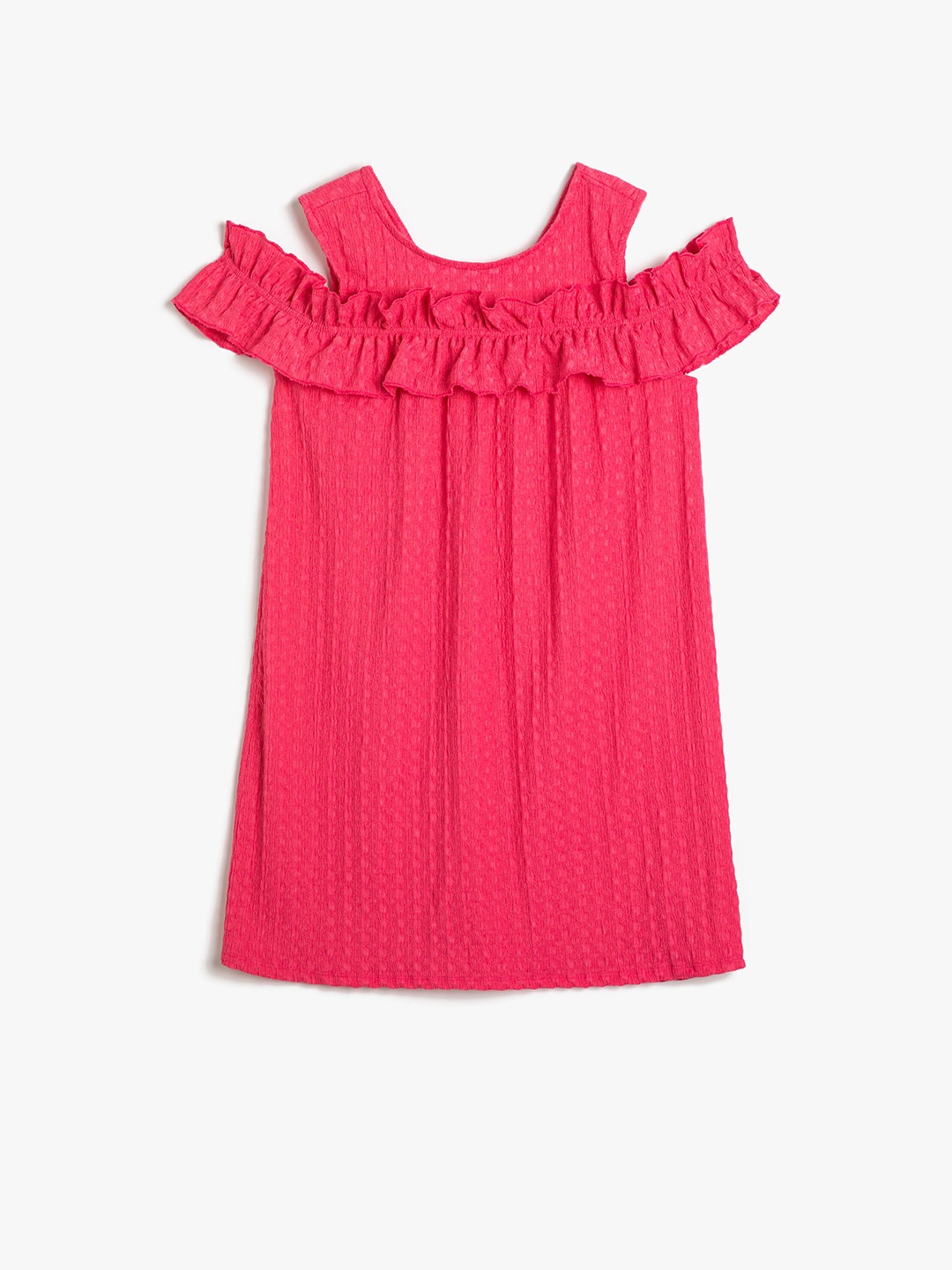 

Koton Girls Self Design Cold-Shoulder Ruffled A-Line Dress, Fuchsia