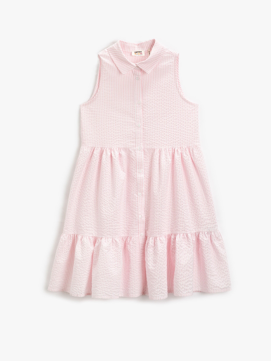 

Koton Girls Striped Shirt Collar Gathered Detailed Fit & Flare Dress, Pink