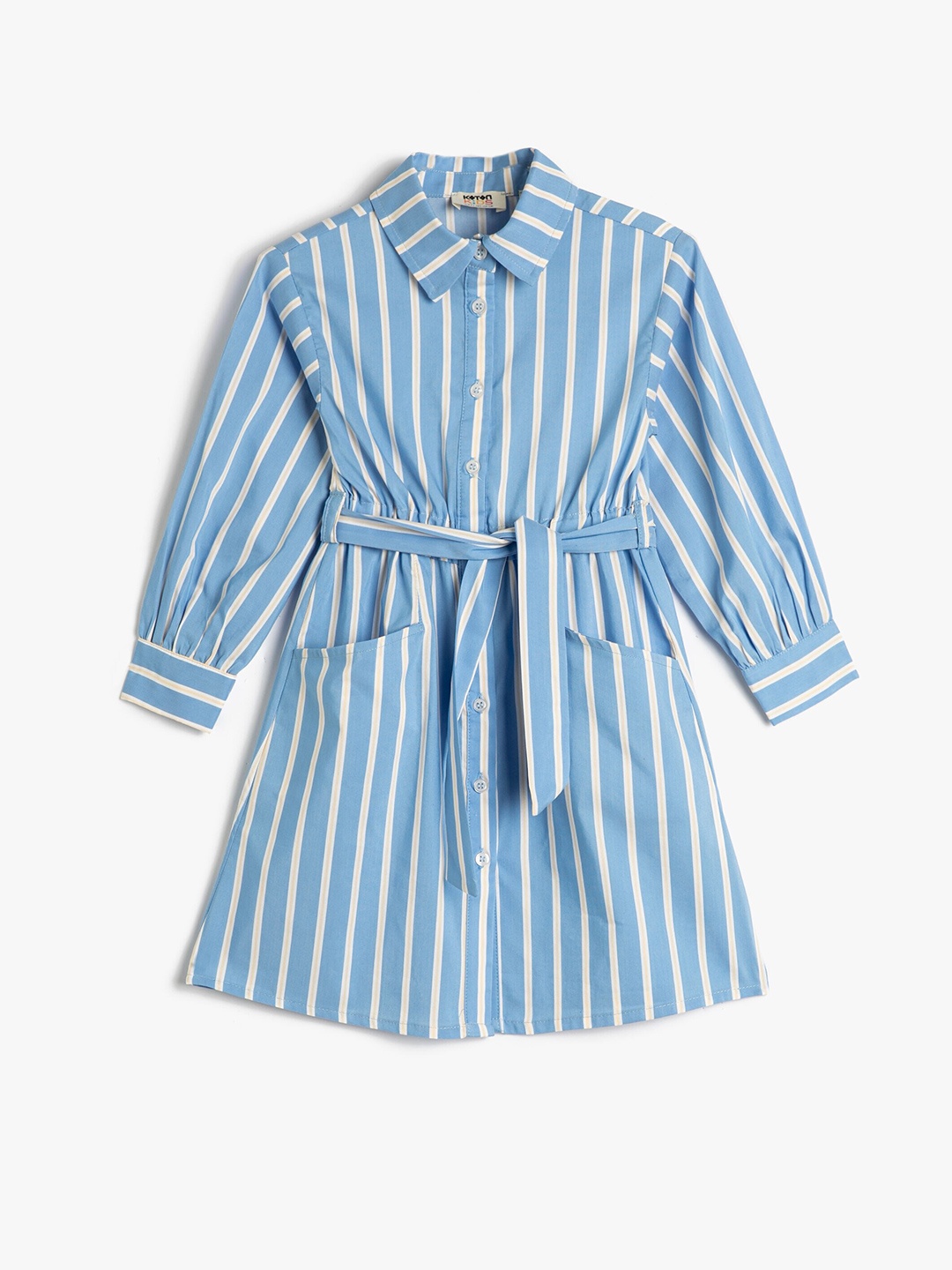 

Koton Girls Striped Shirt Collar Belted Detailed Shirt Styled Dress, Blue