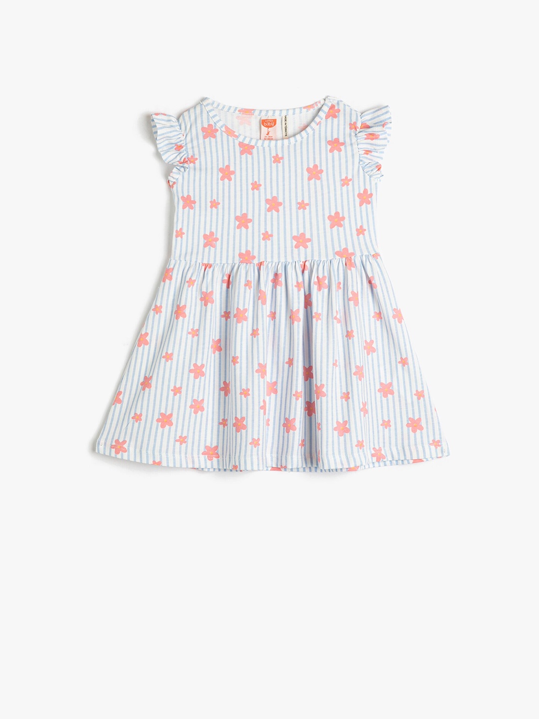 

Koton Girls Striped Cap Sleeves Gathered Pure Cotton A-Line Dress, Blue