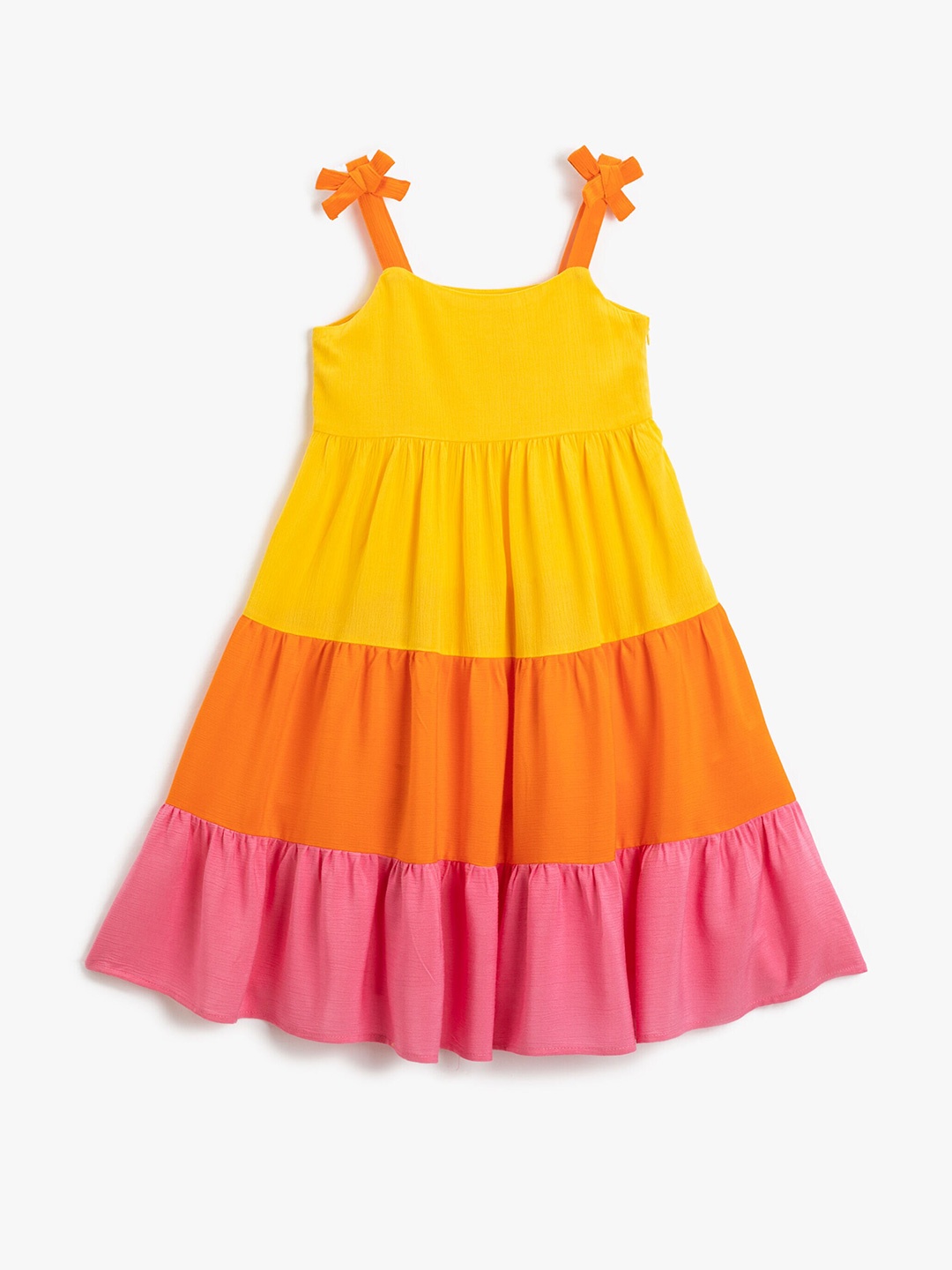 

Koton Girls Colourblocked Shoulder Straps Sleeveless Gathered A-Line Dress, Yellow