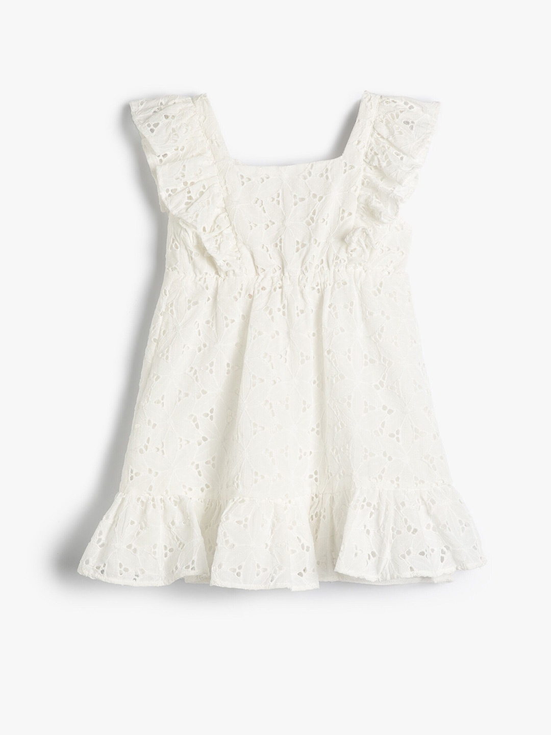 

Koton Girls Self Designed Flutter Sleeves Smocked Detailed A-Line Dress, White