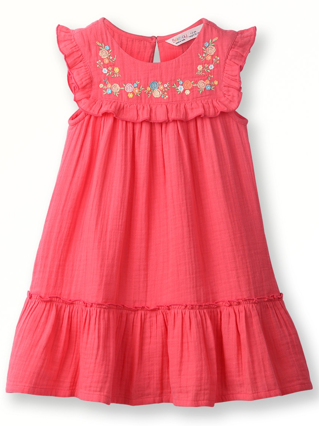 

Beebay Girls Floral Embroidered Flutter Sleeve Cotton Empire Dress, Pink