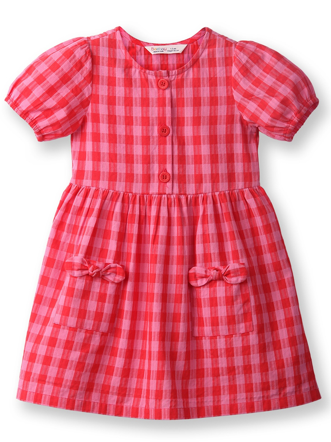 

Beebay Girls Checked Puff Sleeve Bow Cotton A-Line Dress, Red