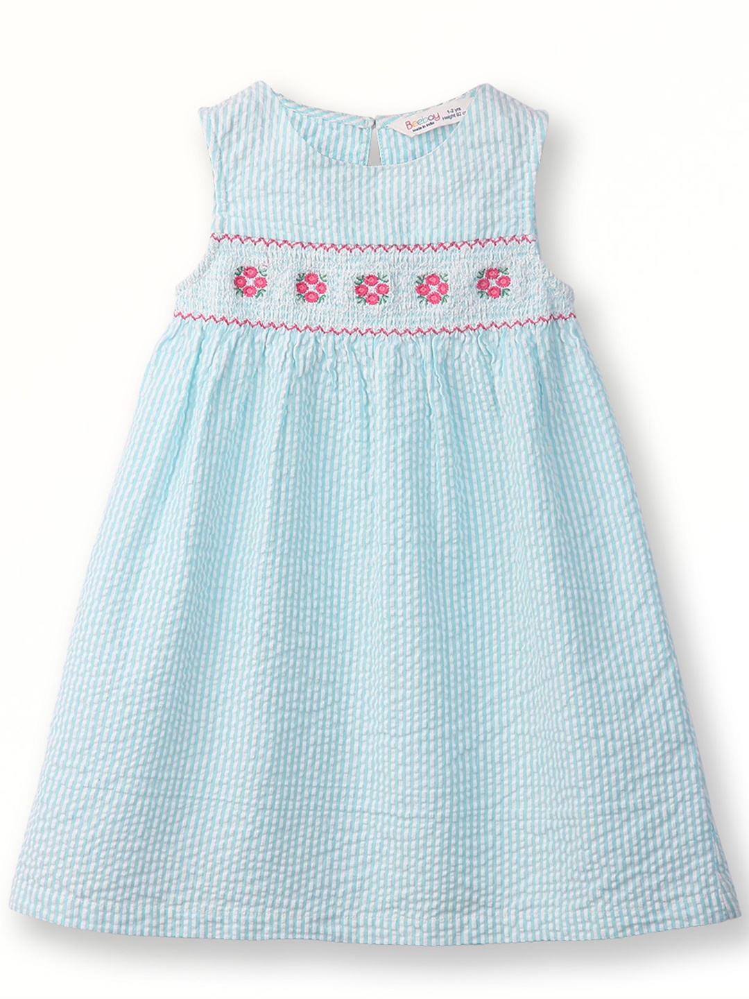 

Beebay Girls Striped Embroidered & Smocked Cotton A-Line Dress, Blue