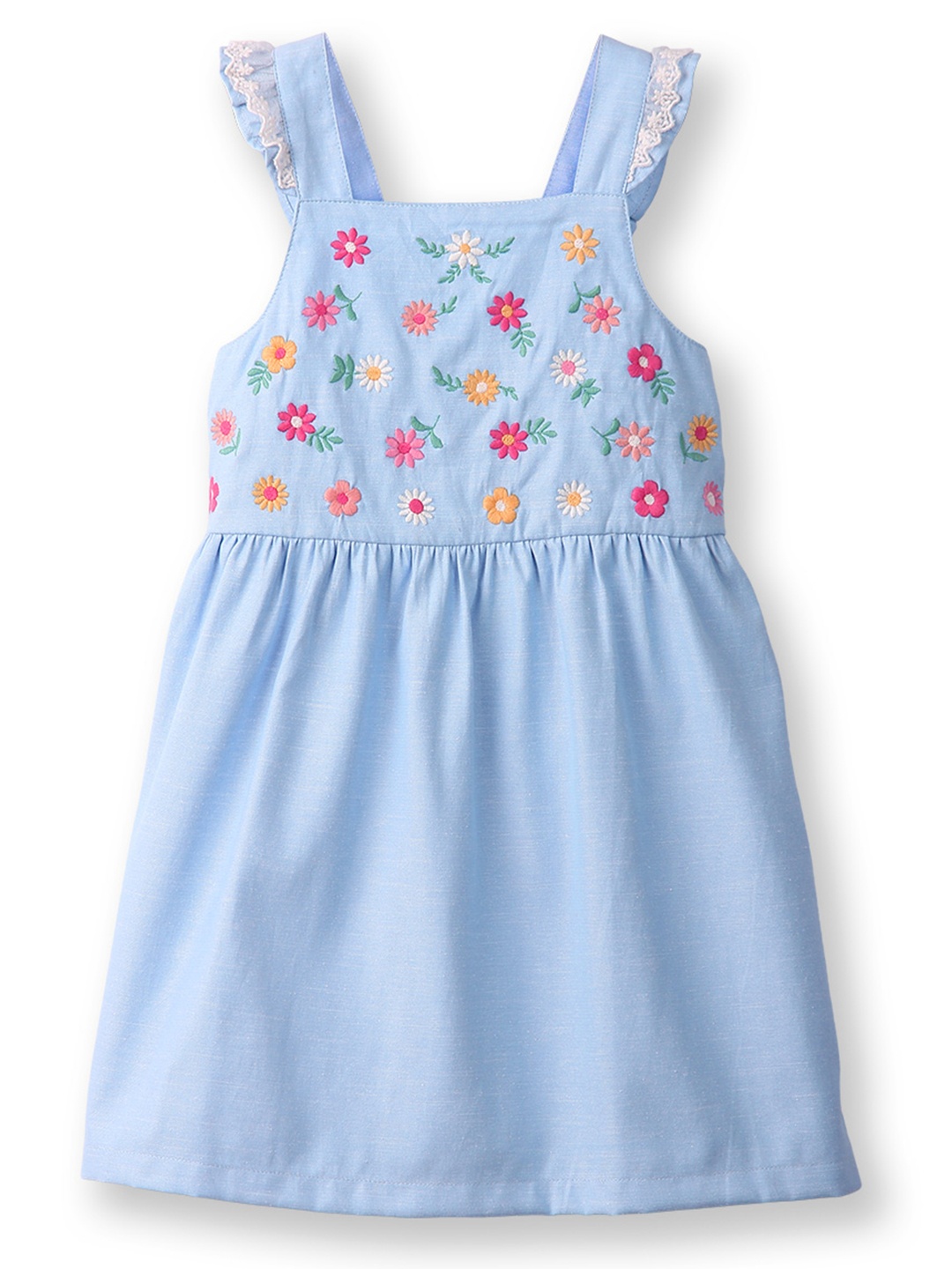 

Beebay Girls Floral Embroidered Gathered & Pleated Shoulder Strap Cotton A-Line Dress, Blue