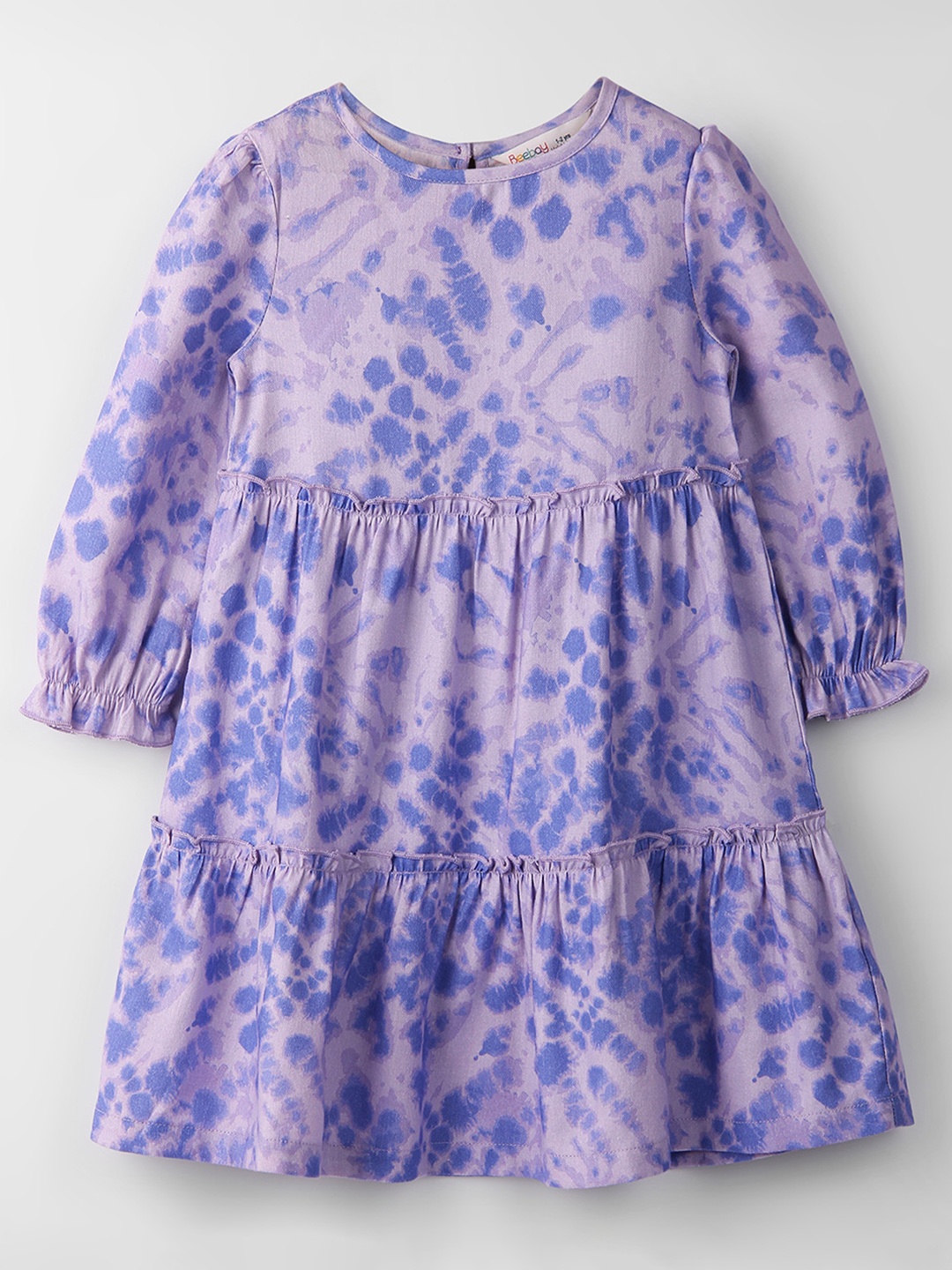 

Beebay Girls Tie & Dye Dyed Puff Sleeves Ruffled Tiered A-Line Dress, Blue