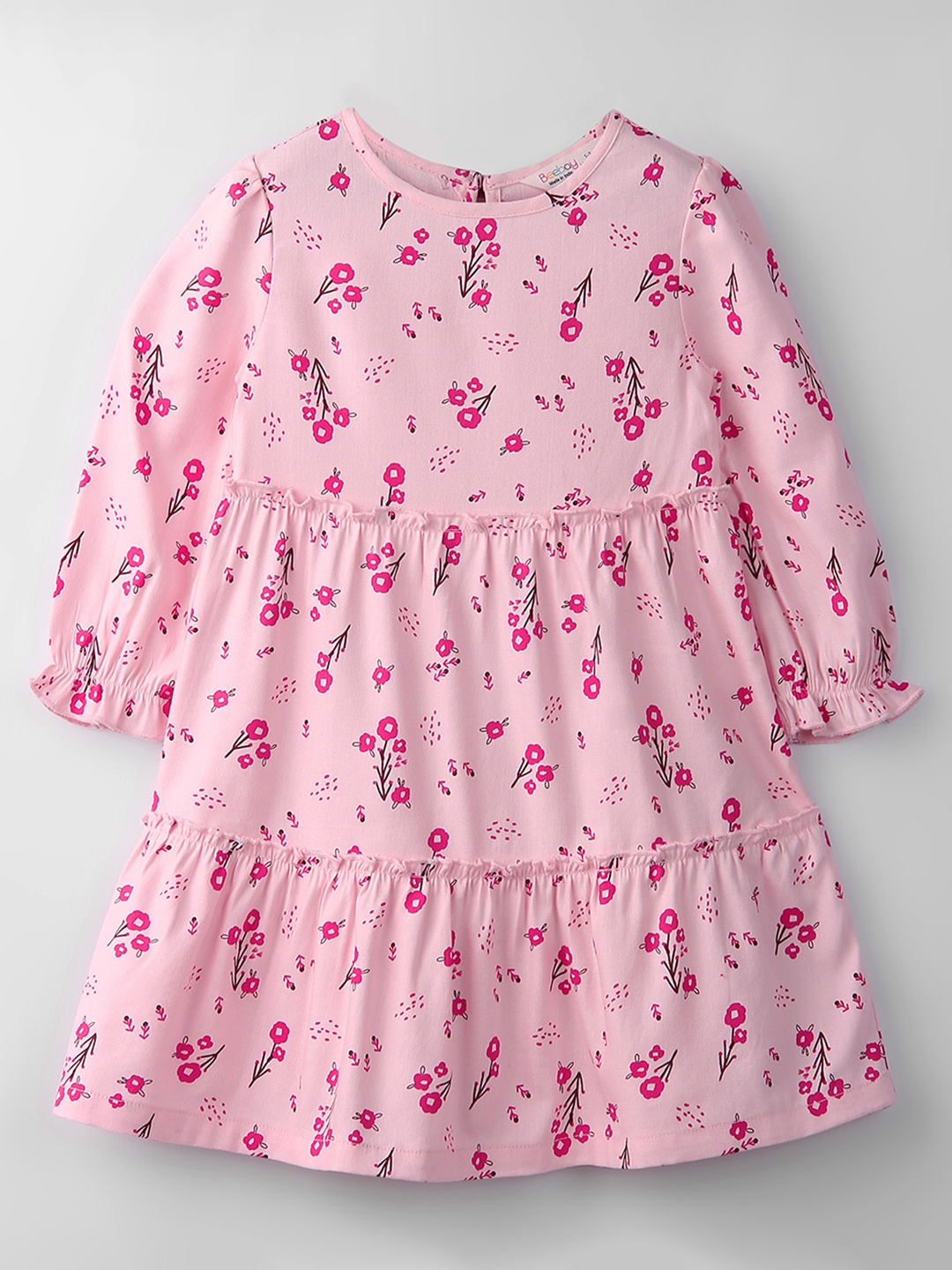

Beebay Girls Floral Printed Puff Sleeves Ruffled Tiered A-Line Dress, Pink