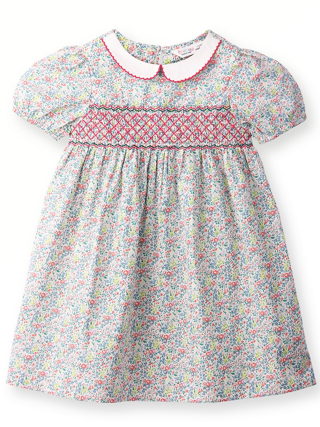 

Beebay Girls Floral Printed Peter Pan Collar Puff Sleeve Smocked Cotton Empire Dress, White