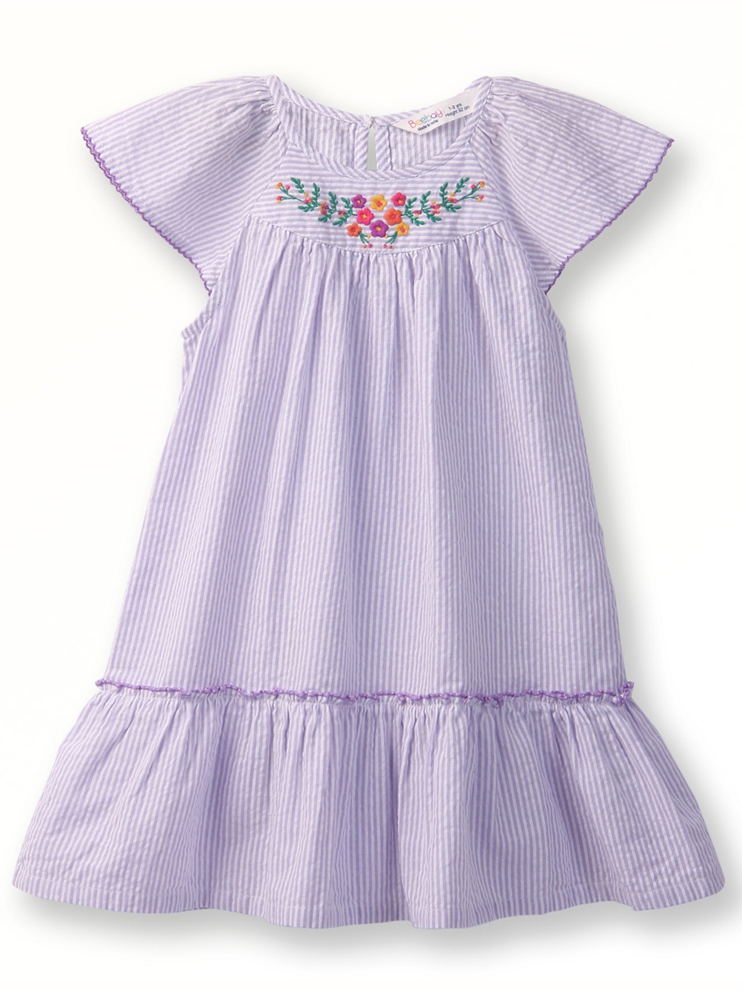 

Beebay Girls Striped Embroidered Cap Sleeve Cotton A-Line Dress, Lavender