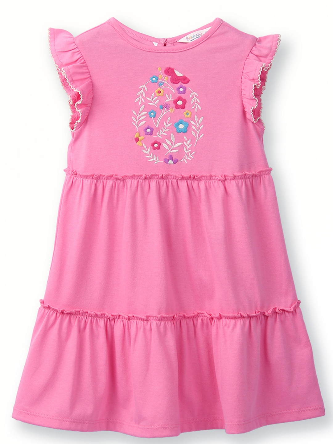 

Beebay Girls Tiered Round Neck Flutter Sleeve Cotton A-Line Dress, Pink