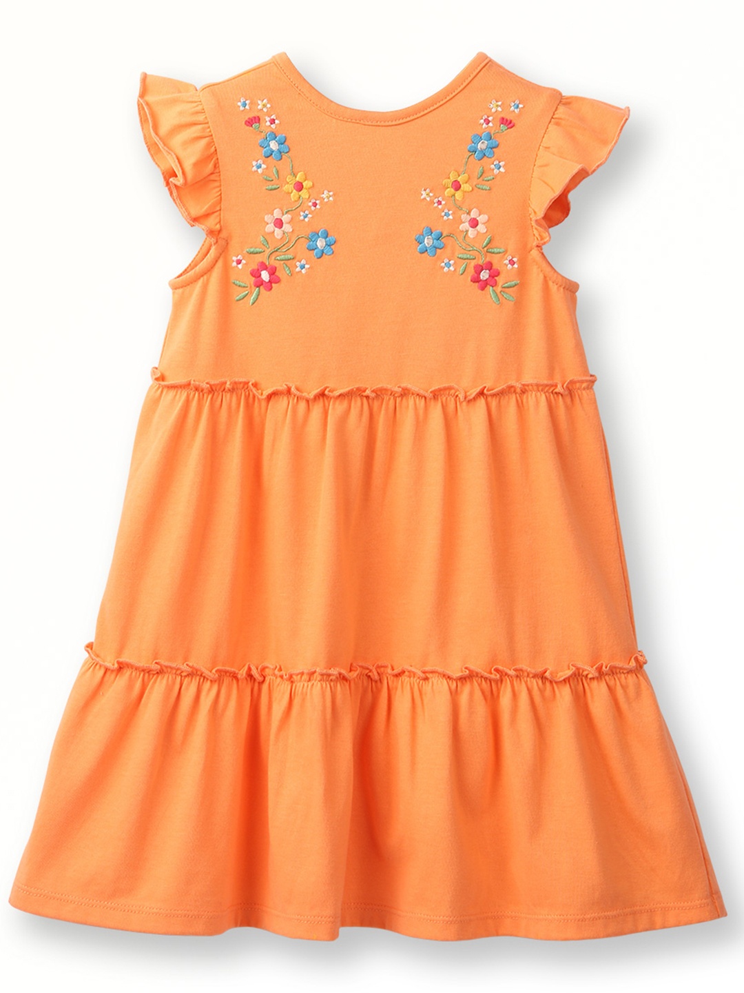 

Beebay Girls Floral Embroidered Ruffled Tiered Cotton A-Line Dress, Orange