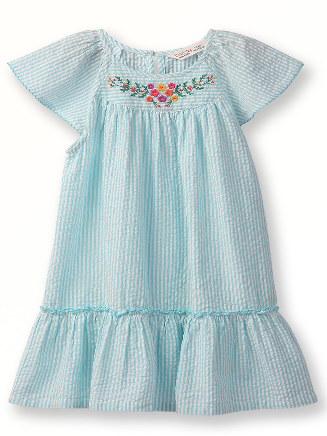 

Beebay Girls Striped Round Neck Flared Sleeve Gathered & Pleated Cotton A-Line Dress, Blue