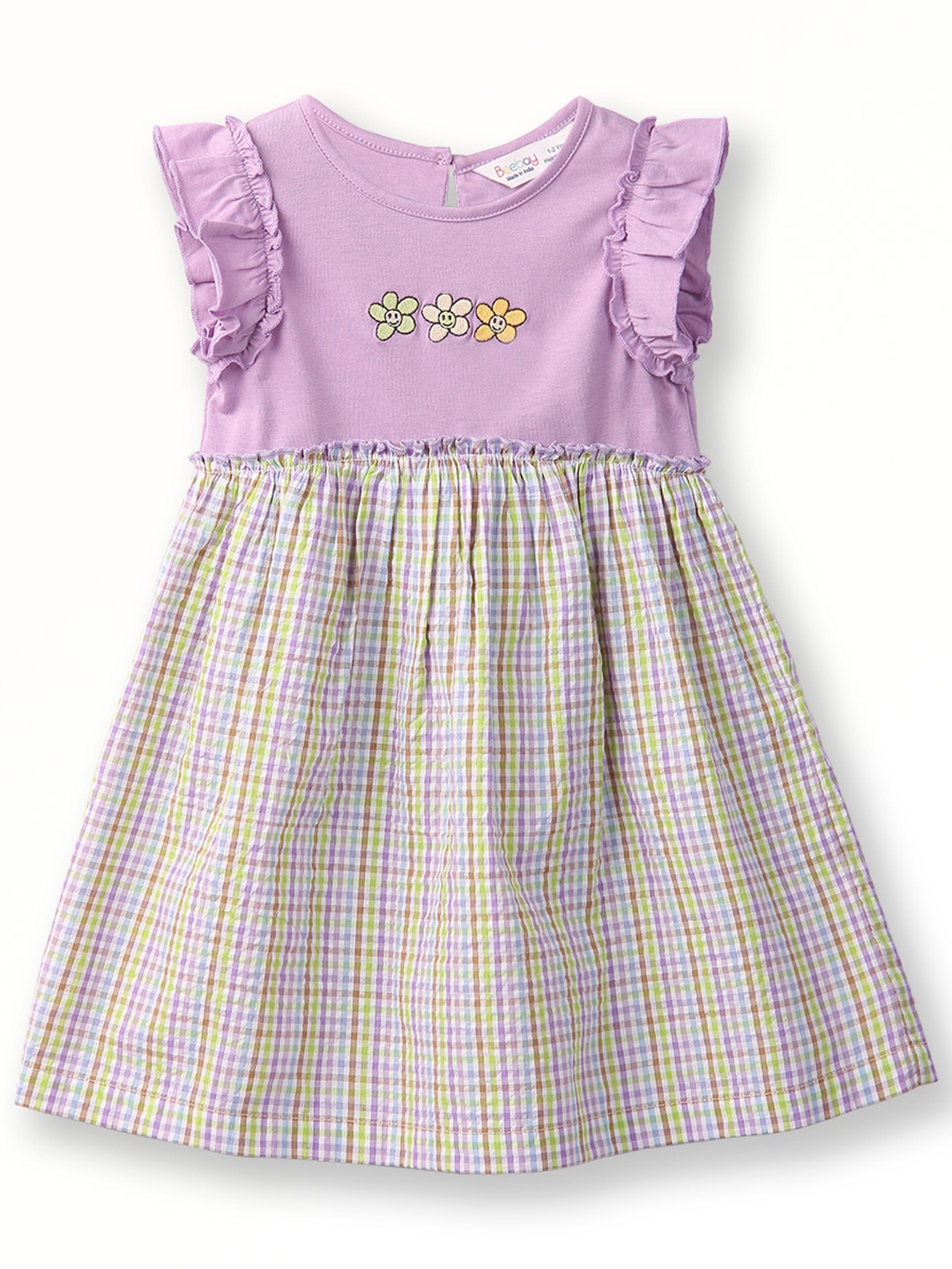 

Beebay Girls Checked Flutter Sleeve Embroidered Cotton Fit & Flare Dress, Purple