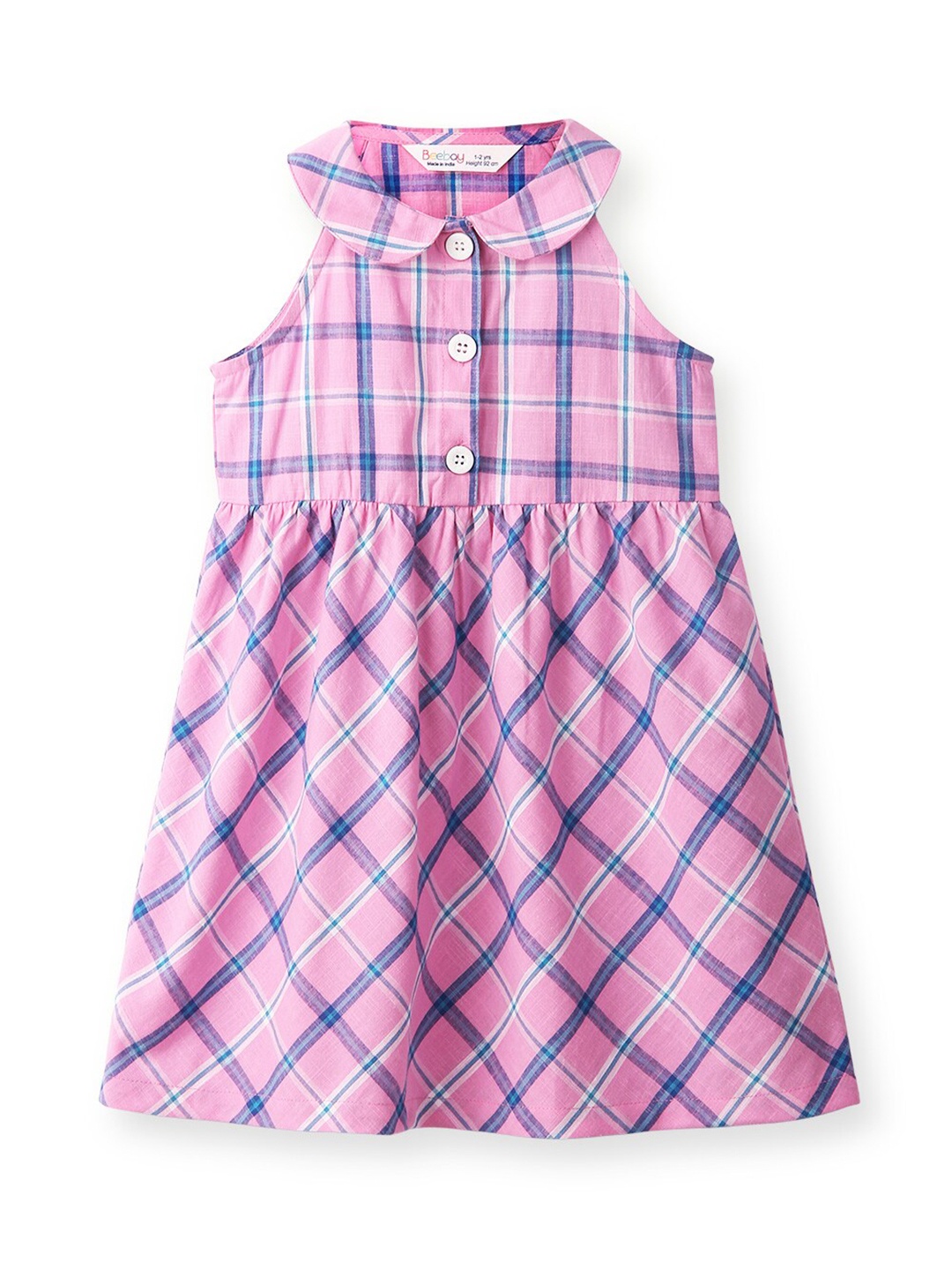 

Beebay Girls Checked Peter Pan Collar Sleeveless Cotton Fit & Flare Dress, Pink