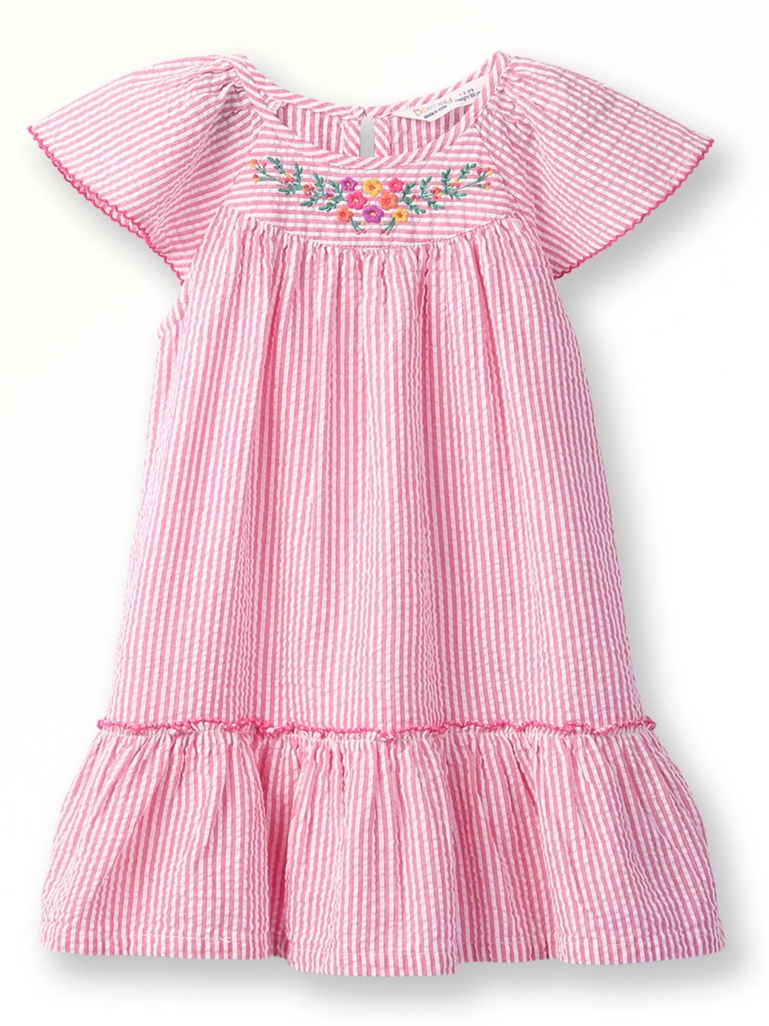 

Beebay Girls Striped Cap Sleeve Embroidered Cotton A-Line Dress, Pink