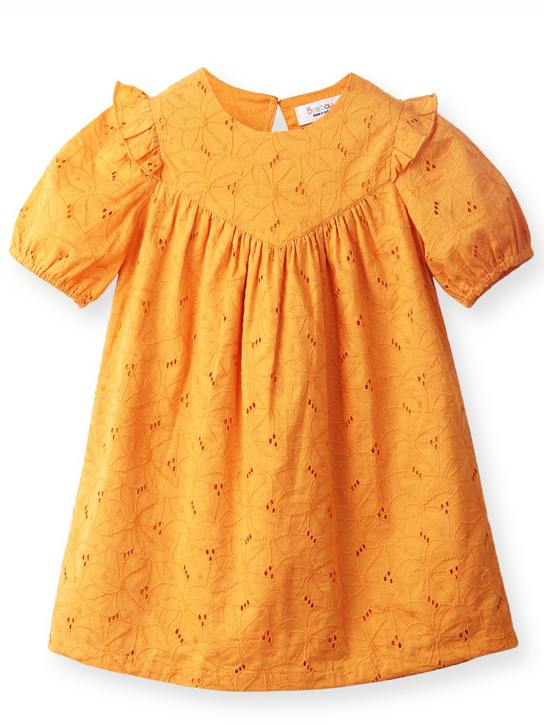 

Beebay Girls Schiffli Round Neck Puff Sleeve Cotton A-Line Dress, Orange