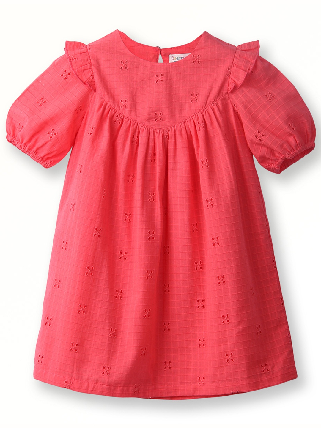 

Beebay Girls Self Design Puff Sleeve Ruffled A-Line Dress, Pink