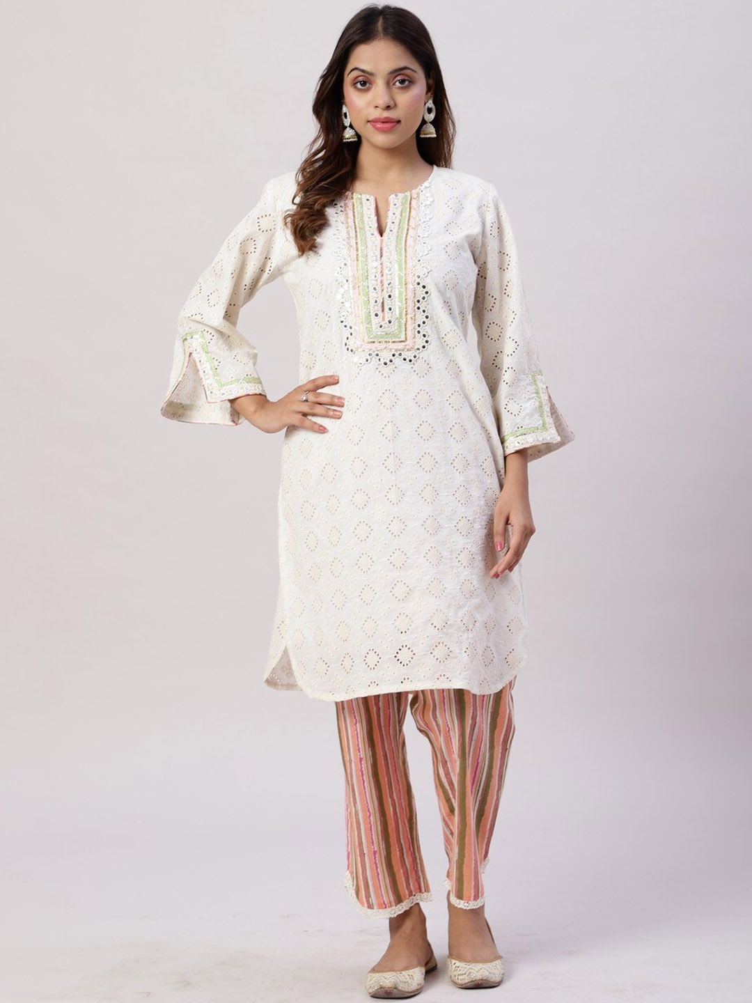 

Spring Soul Self Design Regular Gotta Patti Pure Cotton Kurta With Trousers, Off white