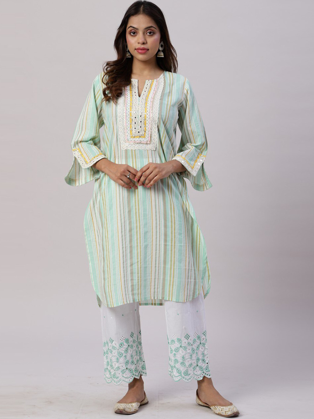 

Spring Soul Striped Regular Pure Cotton Kurta With Trousers, Sea green