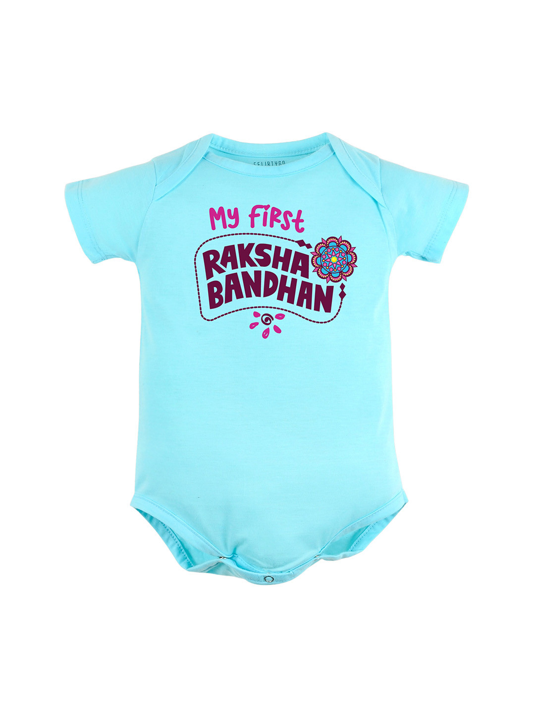 

FFLIRTYGO Infant Kids Printed Pure Cotton Rakhi Special Bodysuit, Turquoise blue