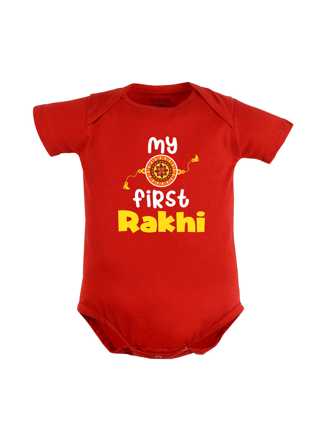 

FFLIRTYGO Infant Kids Printed Pure Cotton Rakhi Special Bodysuit, Red