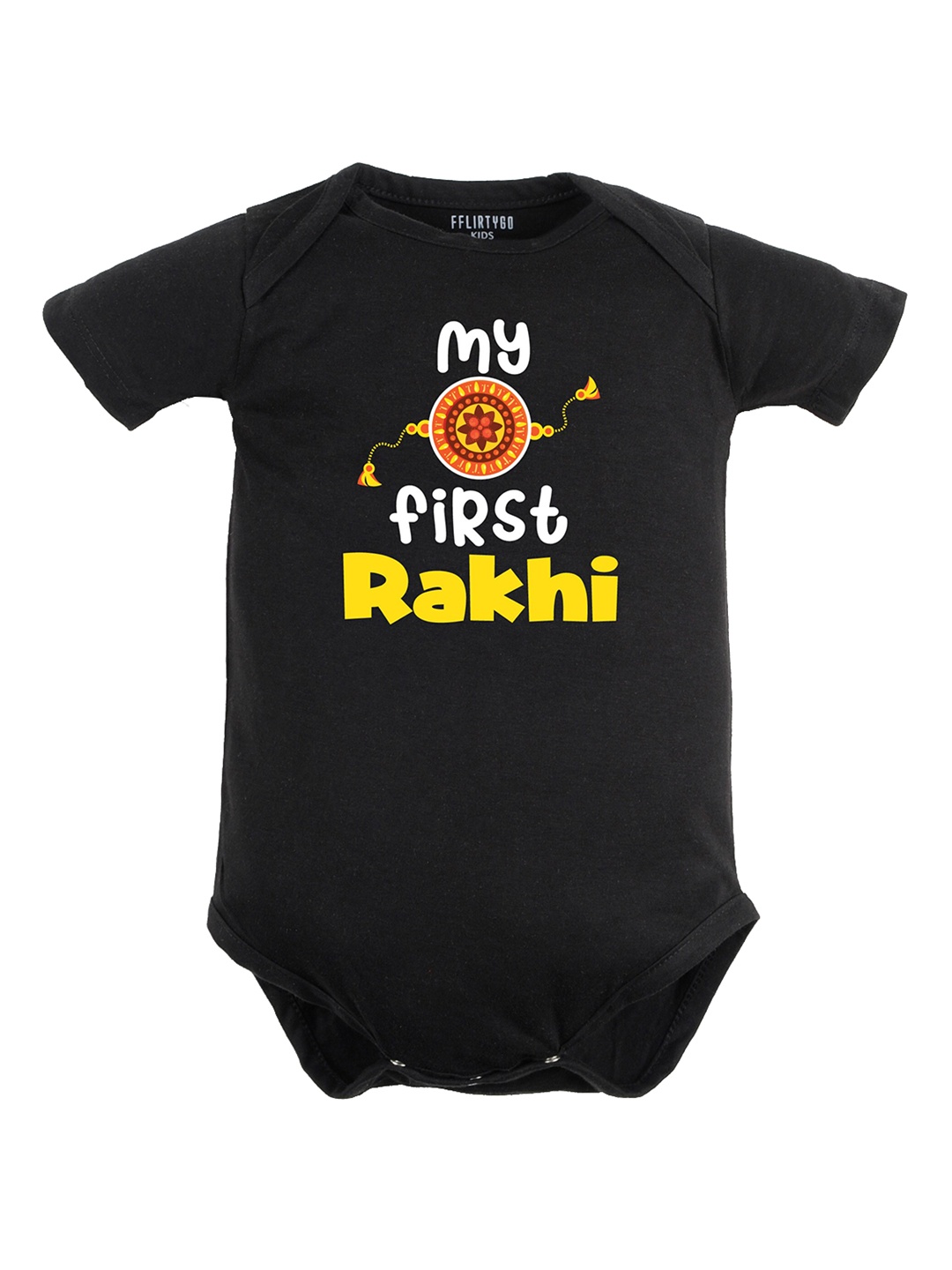 

FFLIRTYGO Infant Kids Printed Cotton Rakhi Special Bodysuit, Black